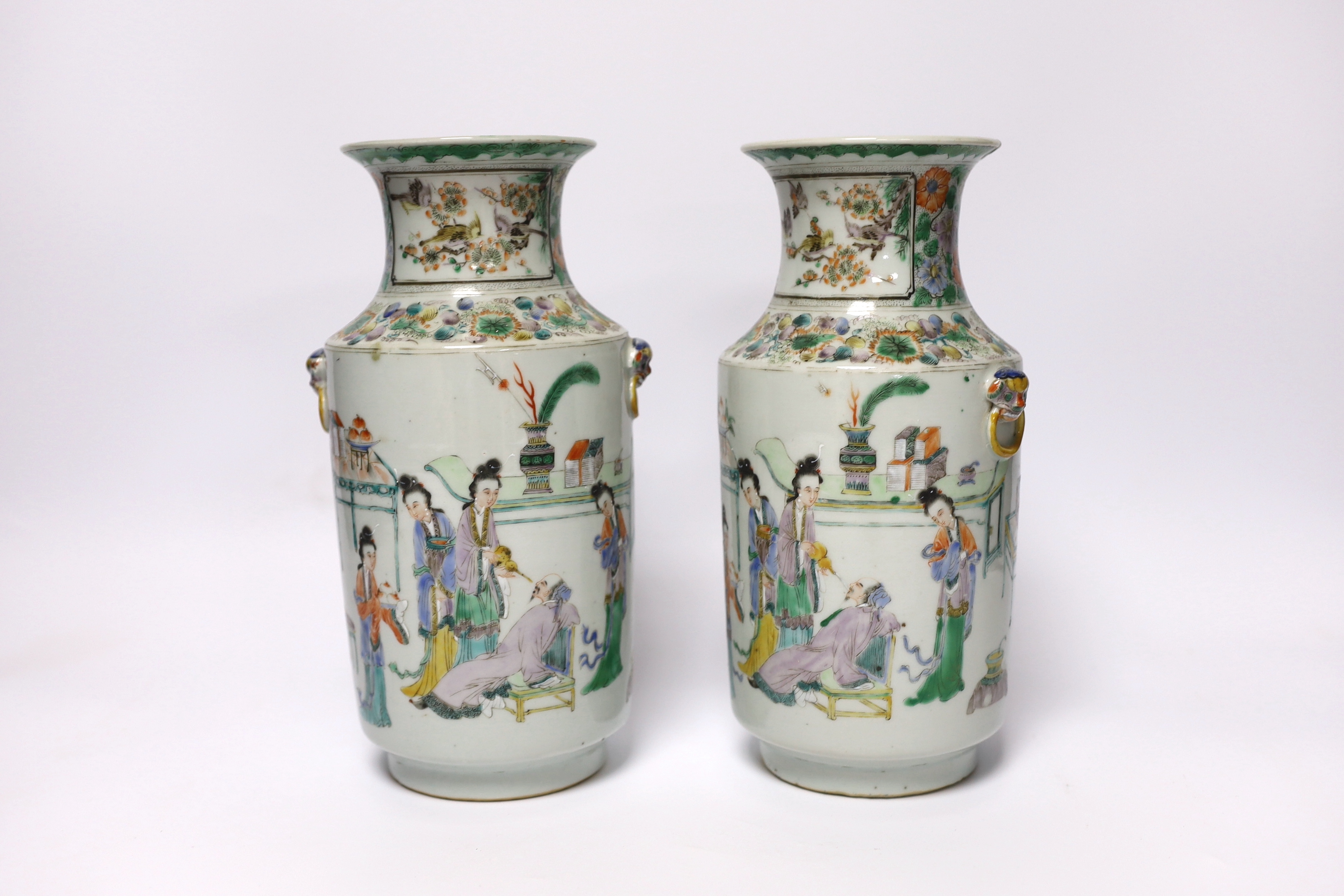 A pair of 19th century Chinese famille verte ‘ladies’ vases, 23cm